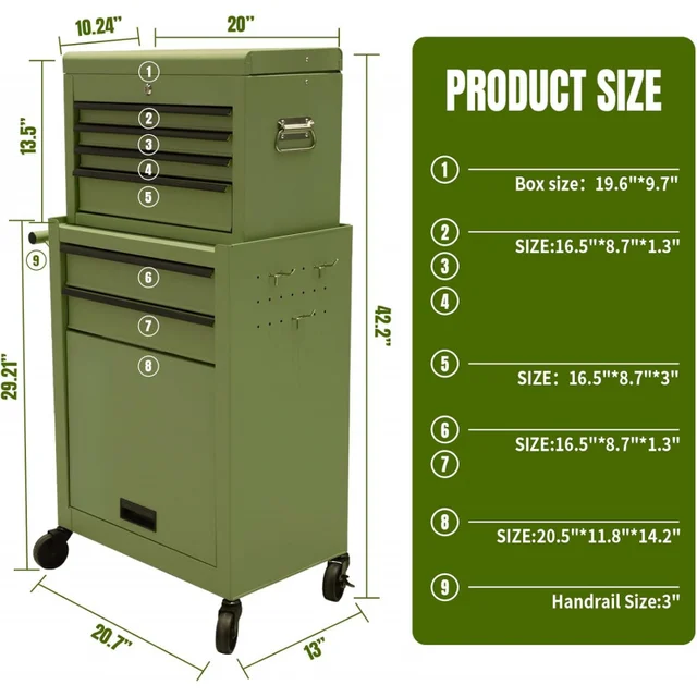 6 Drawer Rolling Toolbox:Large Capacity Two-in-One Removable Tool Cabinet,with Lockable Wheels and Safety System,Green 3