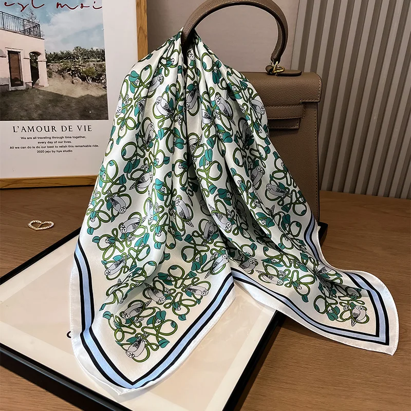 

2024 зеленый шелковый шарф с растениями и птицами женский шарф из 100% шелка тутового шелкопряда новый модный простой квадратный шарф из крепа и сатина