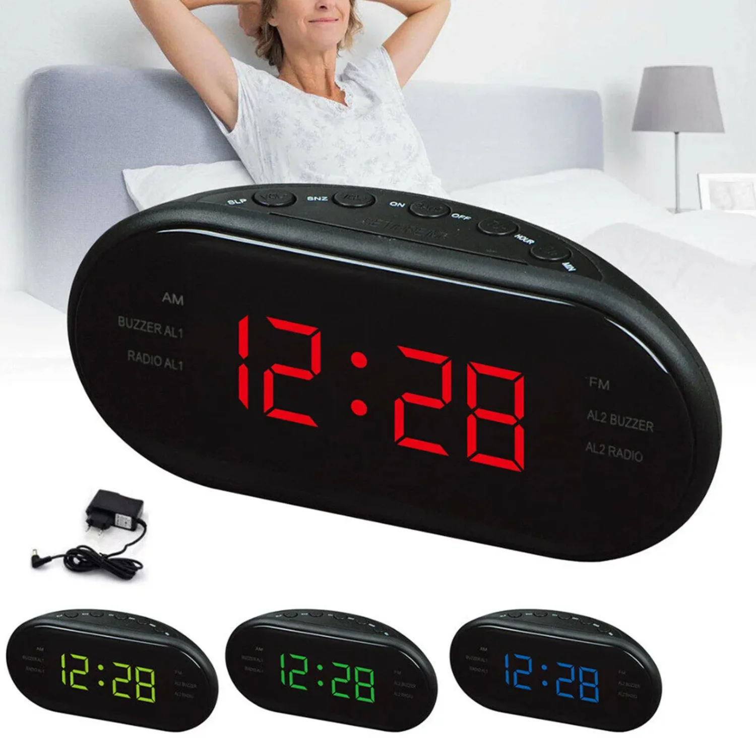220V EU Plug AM FM Dual Frequency Radio Alarm Clock Digital LED Clock Luminous Snooze Electronic Table Clock - Home Essentials 2