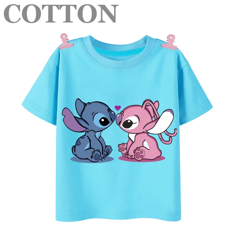 T Shirt Disney Anime Stitch Children Cotton Summer Fashion Multiple Cartoon Casual Round Neck Short Sleeve Print Pattern