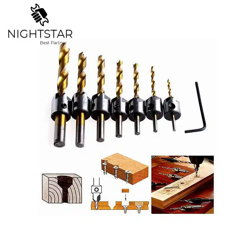 7Pcs 3 4 5 6 7 8 10mm Hss 5 Flute Countersink Drill Bit Set Reamer Woodworking Chamfer Tools