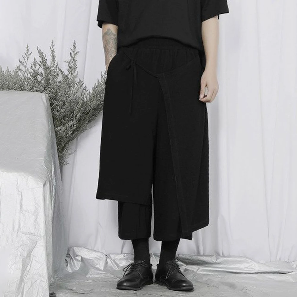New Summer Japanese Casual Pants Men's Trendy Street Y2k Loose Strap Wide-leg Pants Neutral Double-layer Eight-point Pantalones