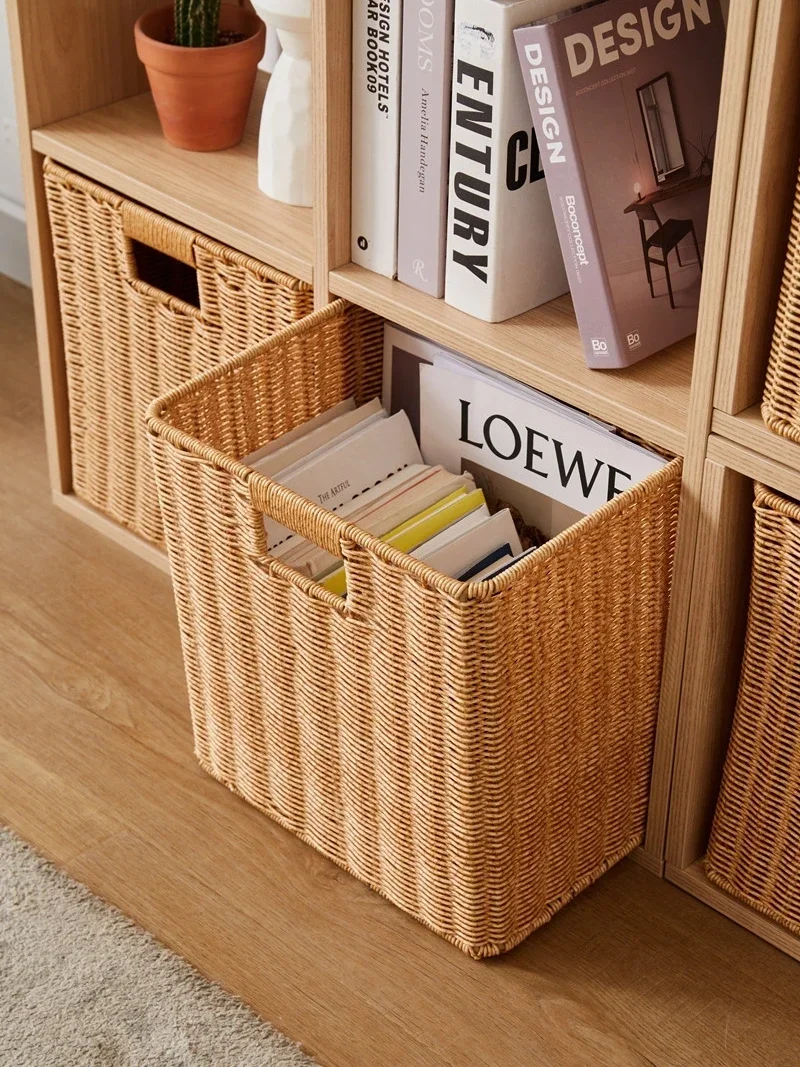 Plaid cabinet, woven , Japanese style rattan basket, square box, bookshelf organizing storage