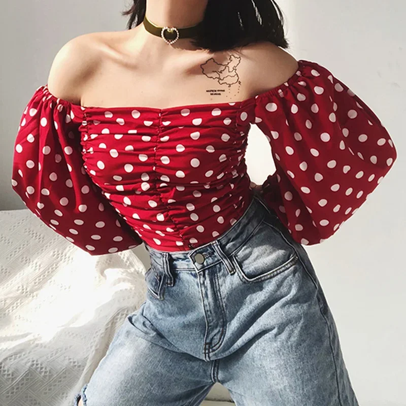 red polka dot off the shoulder top