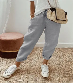 AliExpress's new fashionable cotton and linen elastic waist cropped casual pants for women 1