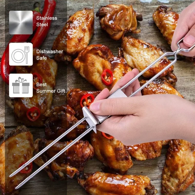 Reusable Barbecue Needle Wide Flat Barbecue Fork Stainless Steel Double Needle Skewers Household Accessories