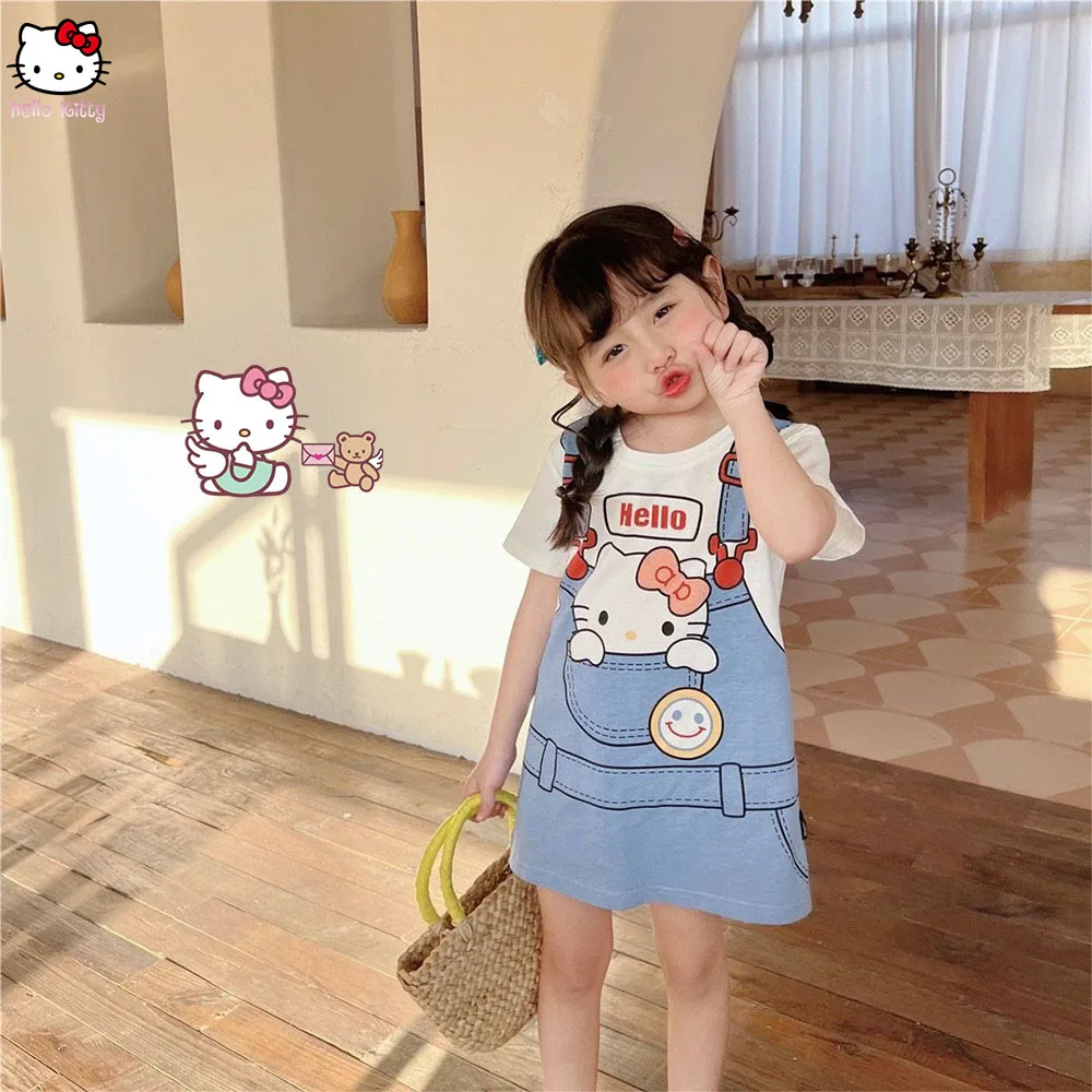 

Hellokitty Children's Dress Anime Kuromi Melody Sanrios T-Shirt Skirt Cute Kawaii Print Loose Short Sleeve Cartoon Sweet Skirt
