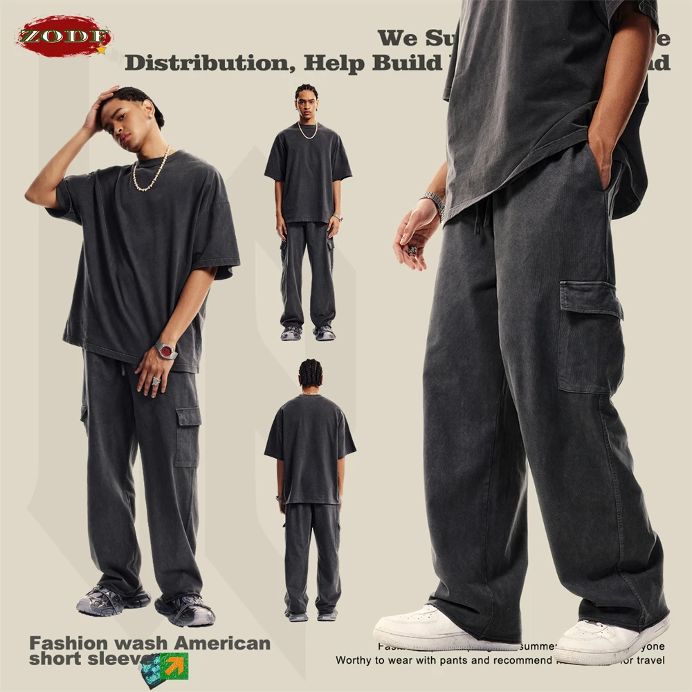 ZODF New 2024 Spring Summer 358gsm Cotton Cargo Pants For Men Unisex Casual Washed Straight Multi-Pockets Loose Trousers HY0829 2