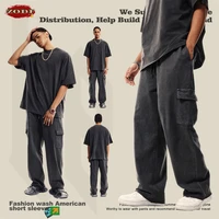 ZODF New 2024 Spring Summer 358gsm Cotton Cargo Pants For Men Unisex Casual Washed Straight Multi-Pockets Loose Trousers HY0829 2