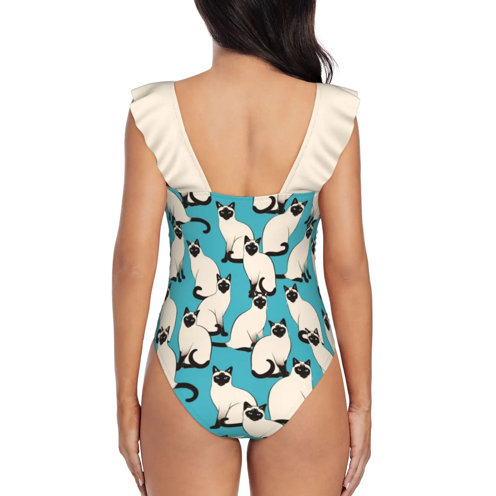 Siamese Cats Dense On Turquoise One-Piece Swimsuit Women Ruffle Bathing Suits New Girl Beach Swimwear Pattern Turquoise Siamese