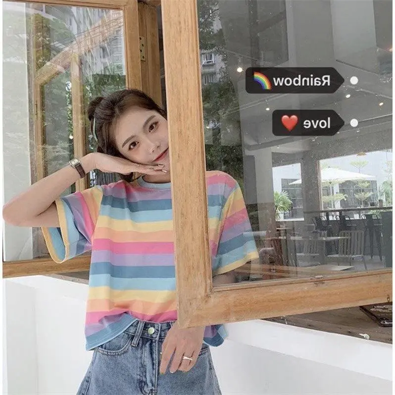  Abstract Rainbow Watercolor Womens T-Shirt Casual Loose Cold  Shoulder Tops Summer Short Sleeves Tees : Sports & Outdoors