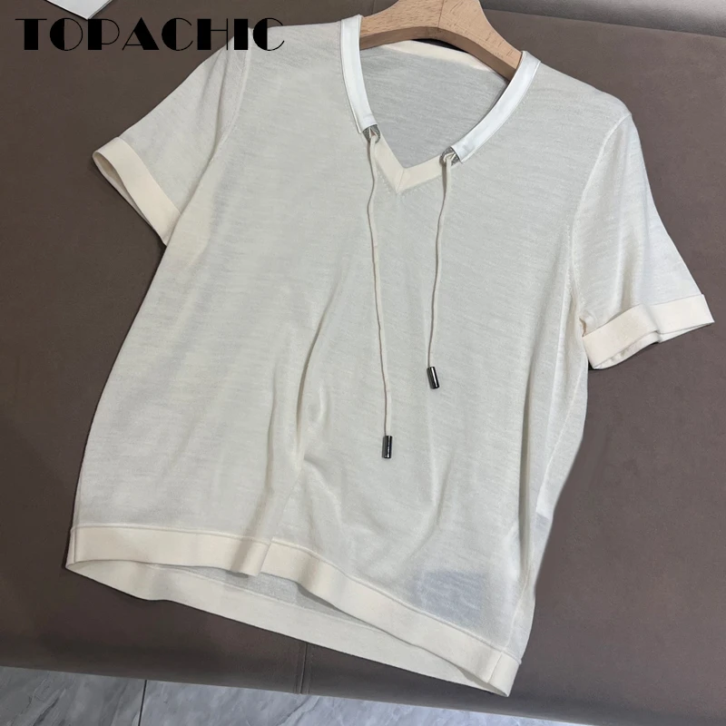 

1.15 TOPACHIC Women's Solid Color Short Sleeve T-Shirt Drawstring V-Neck Tee Knitwear 2024 Spring Summer New