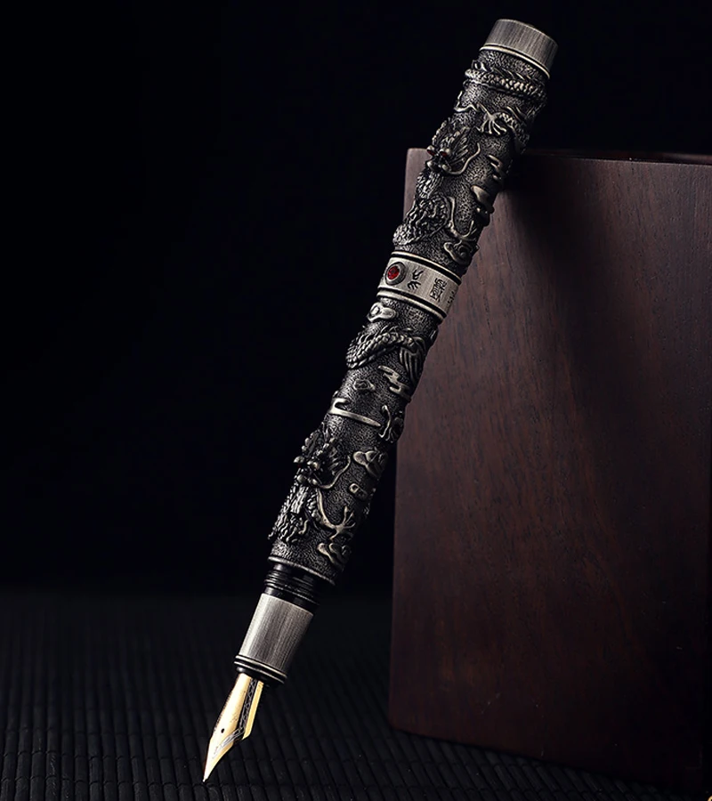 Jinhao Classic Stilografica Double Dragon Playing Pearl Grey Metal Carving Goffratura Penna A Inchiostro Per Scrittura Pesante Jf003