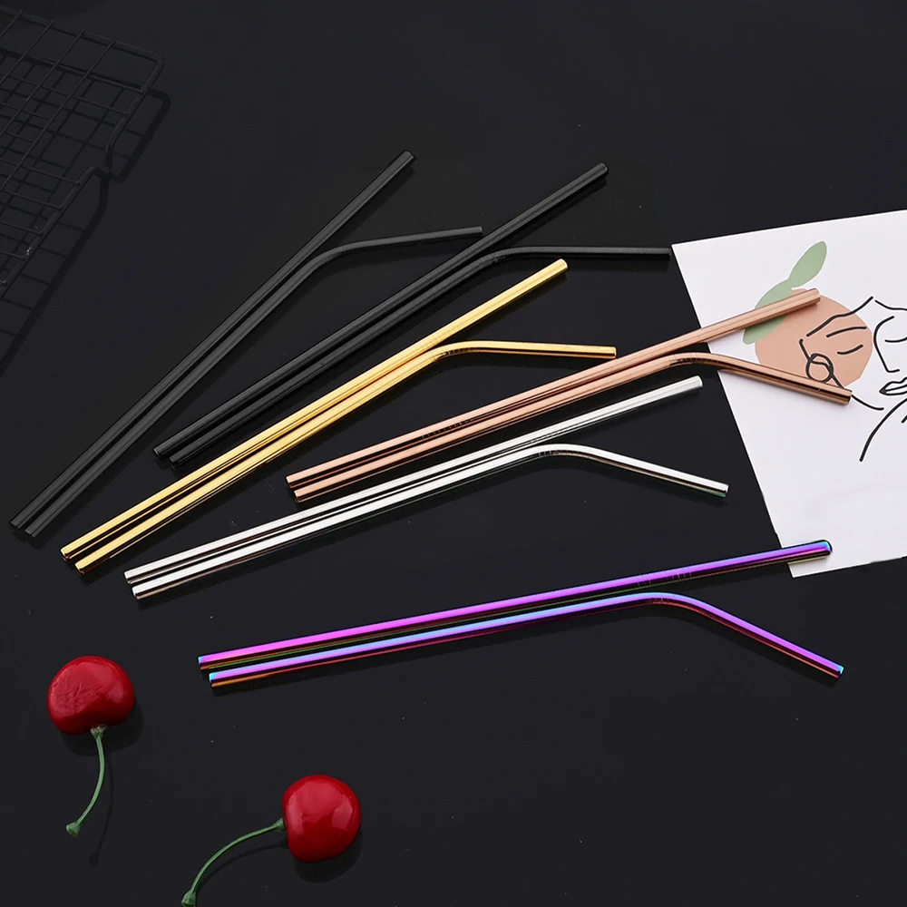 Elegant Rose Gold Reusable Stainless Steel Straw Set with Cleaning Brush - 14 Piece Home and Bar Collection