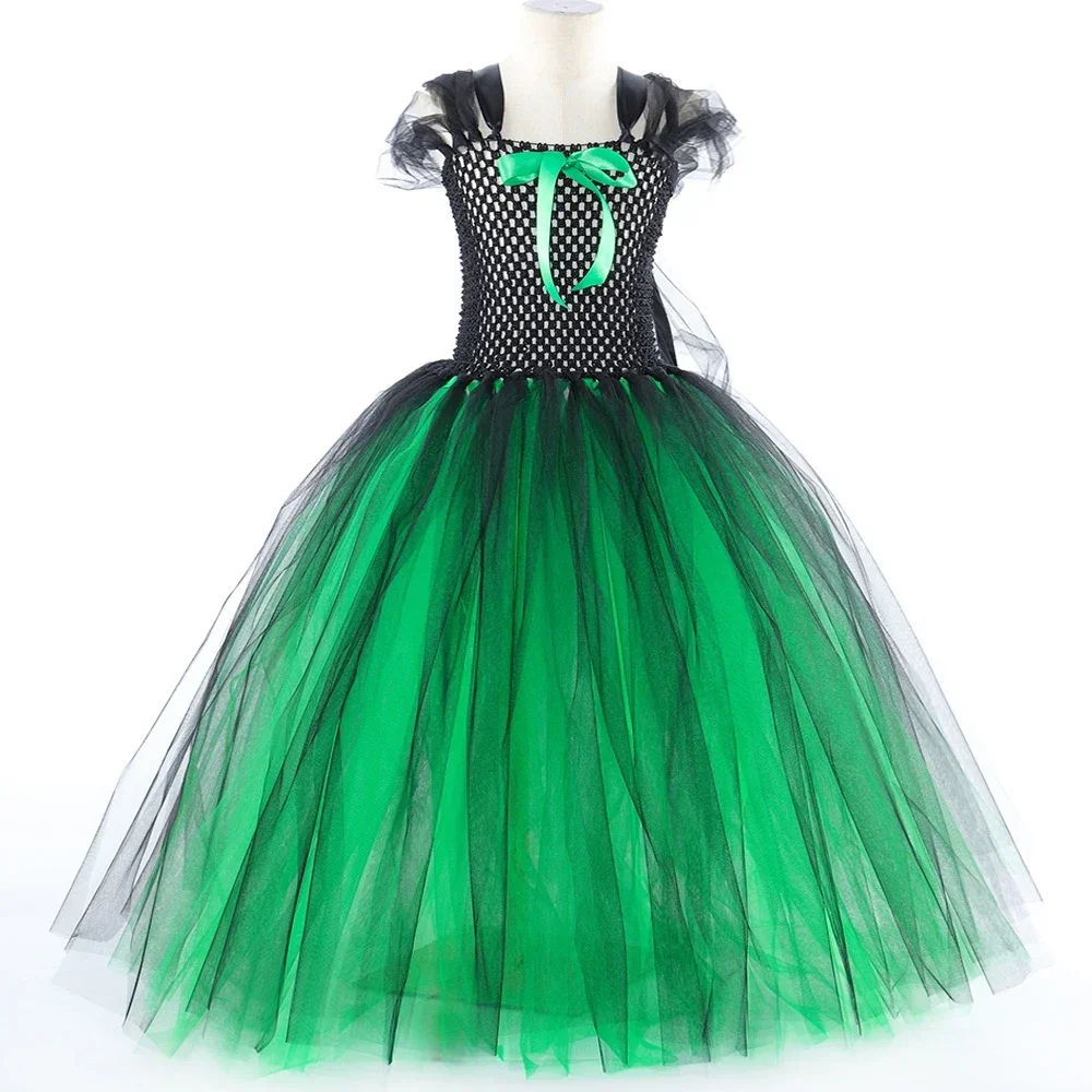 Wicked Witch Elphaba Long Costumes Girls Halloween Fancy Dress with Hat Broom Cloak Kids Carnival Party Outfit Floor Ball Gown