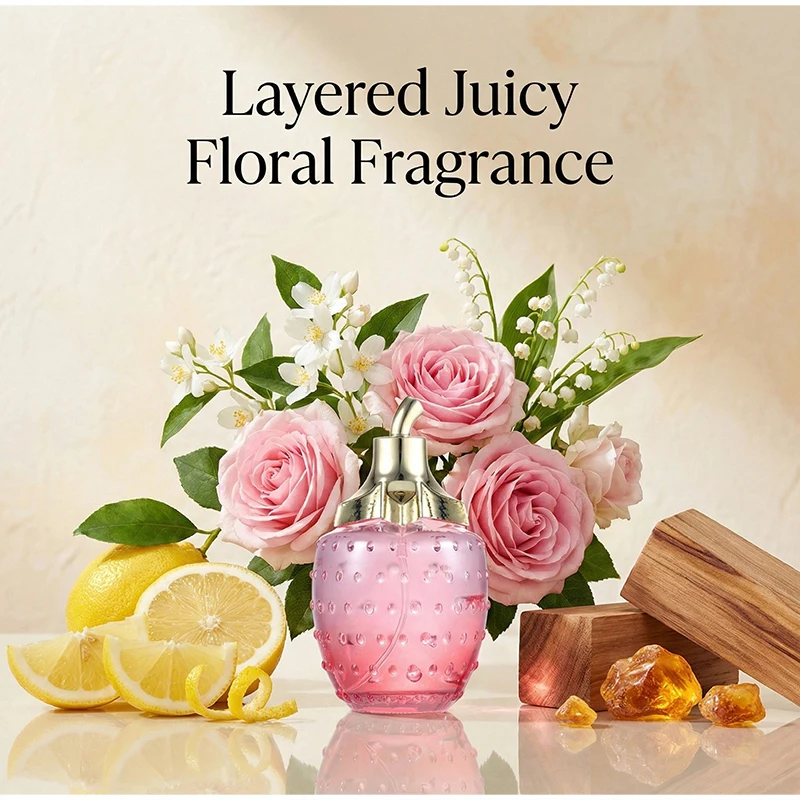 Perfume feminino de morango com notas frescas de limão, rosa, jasmim, cedro e âmbar. Uma fragrância doce, delicada e charmosa, perfeita para encontros românticos._voghion.com