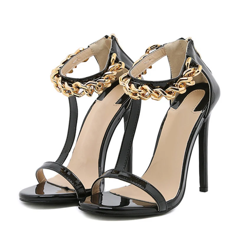 Black Silver Metal Ankle Chain Stiletto High Heels Sandals Shoes