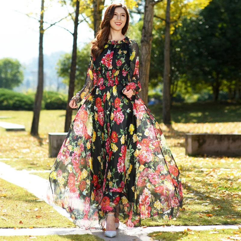 Vestido largo de gasa con estampado flores, larga, bohemio, para graduación, cena y playa|Vestidos| - AliExpress