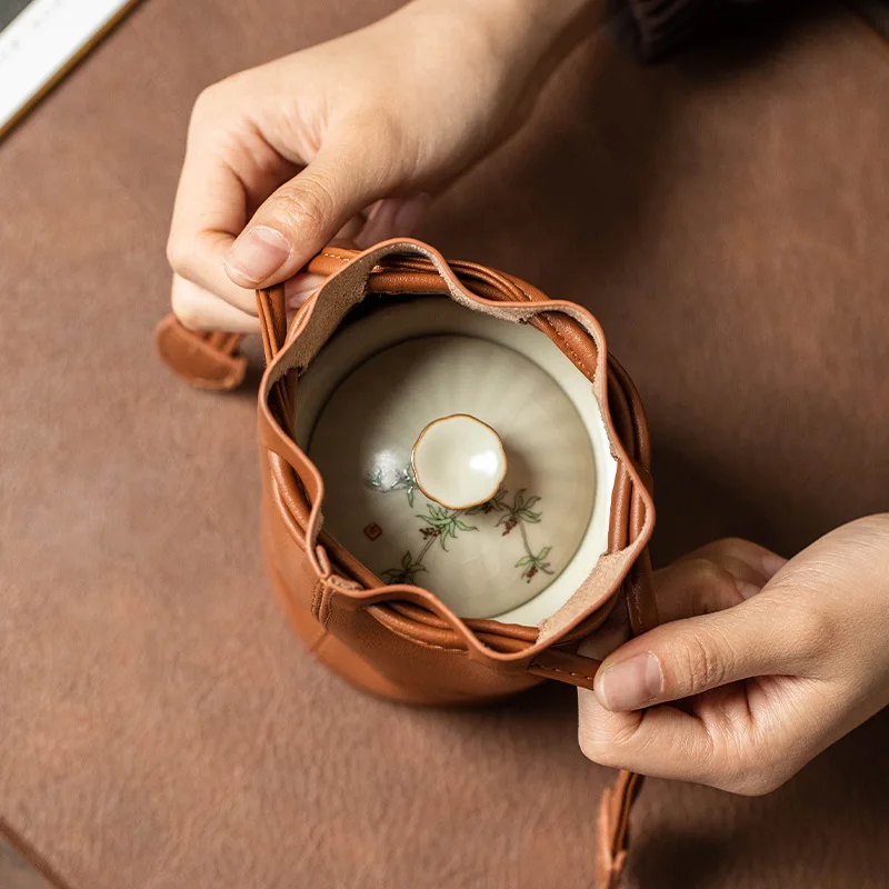 Leather Tea Set Travel Bag - Portable Storage Pouch for Gaiwan & Tea Cups, Minimalist Business Tea Accessories Organizer