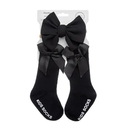 3-Piece Baby Cotton Knee Socks and Hair Bow Headband Set (Black)