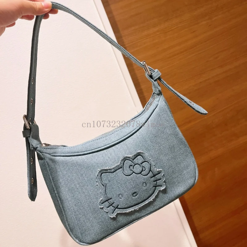 New Kawaii Hello Kitty Underarm Bags Women Y2K Commuting Portable Bag Fashion Denim Embroidery Shoulder Bag Handbag for Girl