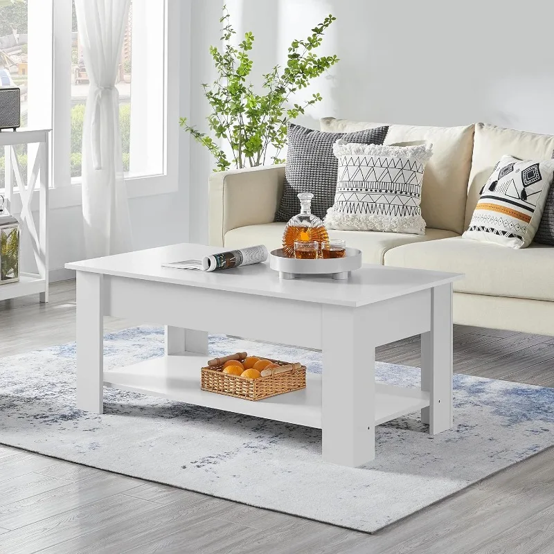 Raised top coffee table with hidden compartment and storage shelf, adjustable tabletop dining table, white, 47.5 "L 4