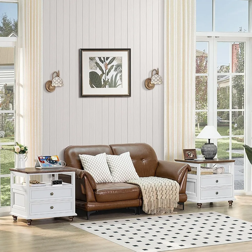 Nightstand Set of 2 with Charging Station, 24" Wide End Table with 2 Drawers, Dresser for Bedroom, Nightstands 4