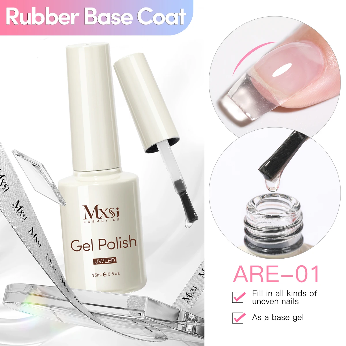 Mxsi 15ml Crystal Clear Rubber Base Gel Nail Polish Glitter Semi-Permanent Varnish Basecoat Self Leveling UV LED Top Coat Gel