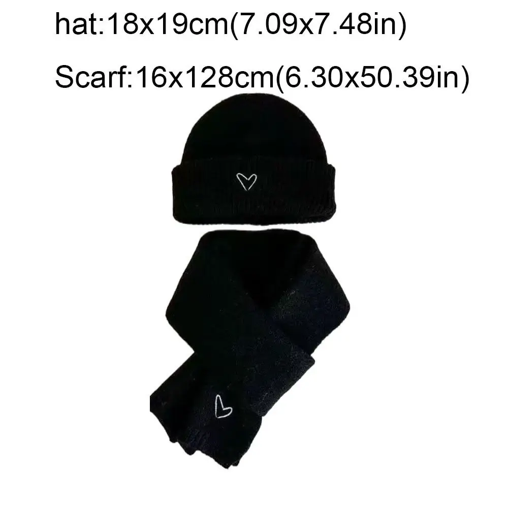 Love Heart Embroidery Knitted Hat Scarf Set Thickened Solid Color Crochet Warm Beanie Cap Korean Style Anti-cold Neck Warmer Set