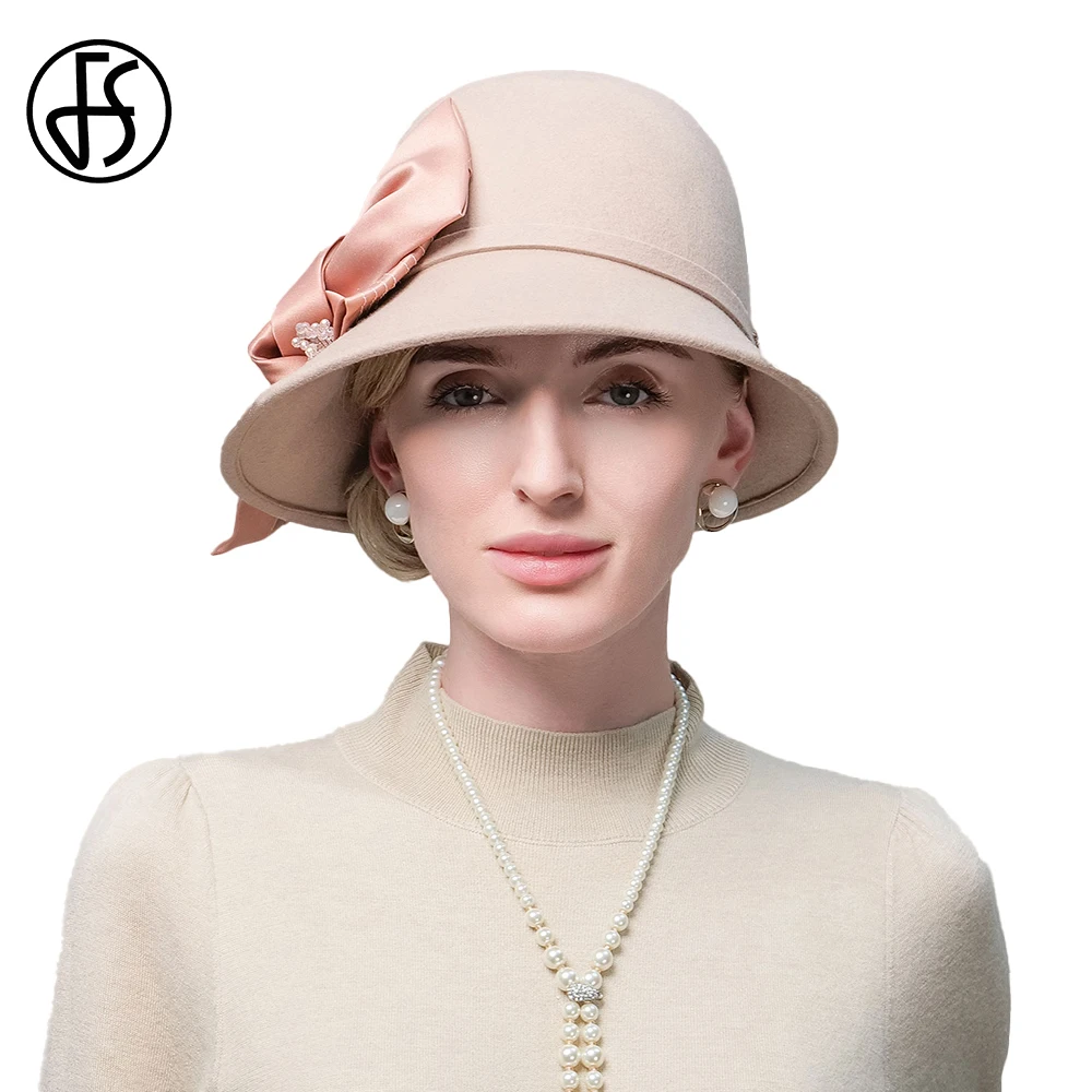 

FS Elegant Camel Bowler Hats For Women British Wine Red Basin Cap 2024 Autumn Winter Fashion Outdoor Travel Black Wool Fedoras