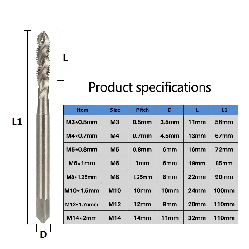 XCAN DIN371 기계 탭 강화 생크 M3/M4/M5/M6/M8/M10/M12/M14 나선형 그루브 미터 나사 탭 나사 탭 드릴 핸드 툴