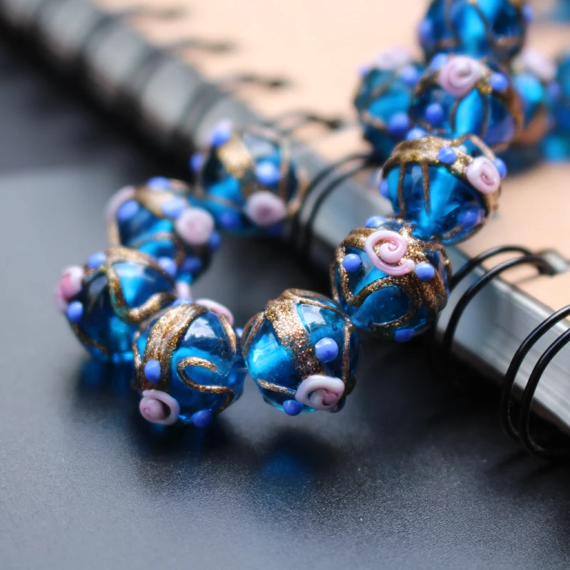 10Pcs 12mm HandMade Lampwork Glass Beads Flower With Gold Drawing