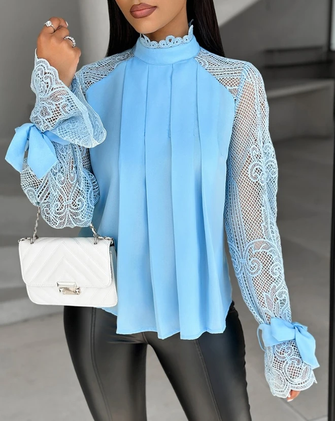 Elegant Blouse for Women 2024 Spring Stand Neck Flare Sleeve Plain Blue Contrast Lace Tied Detail Ruched Front Top Loose Blouse