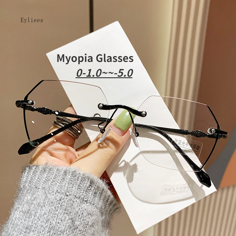 

Irregular Polygon Rimless Myopia Glasses for Women Men Blue Light Filter Finished Prescription Eyewear Nearsighted Glasses -1.0