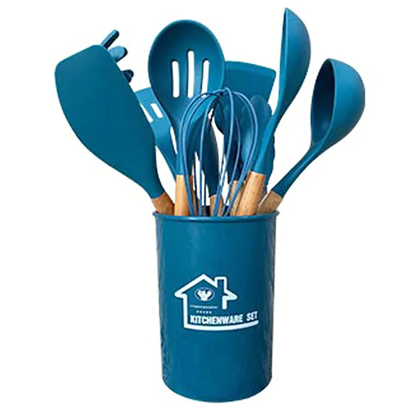 12Pcs/Set Blue Kitchen Cookware Silicone Kitchenware Non-stick Cooking Tool Spatula Ladle Egg Beaters Shovel Spoon Soup Utensils