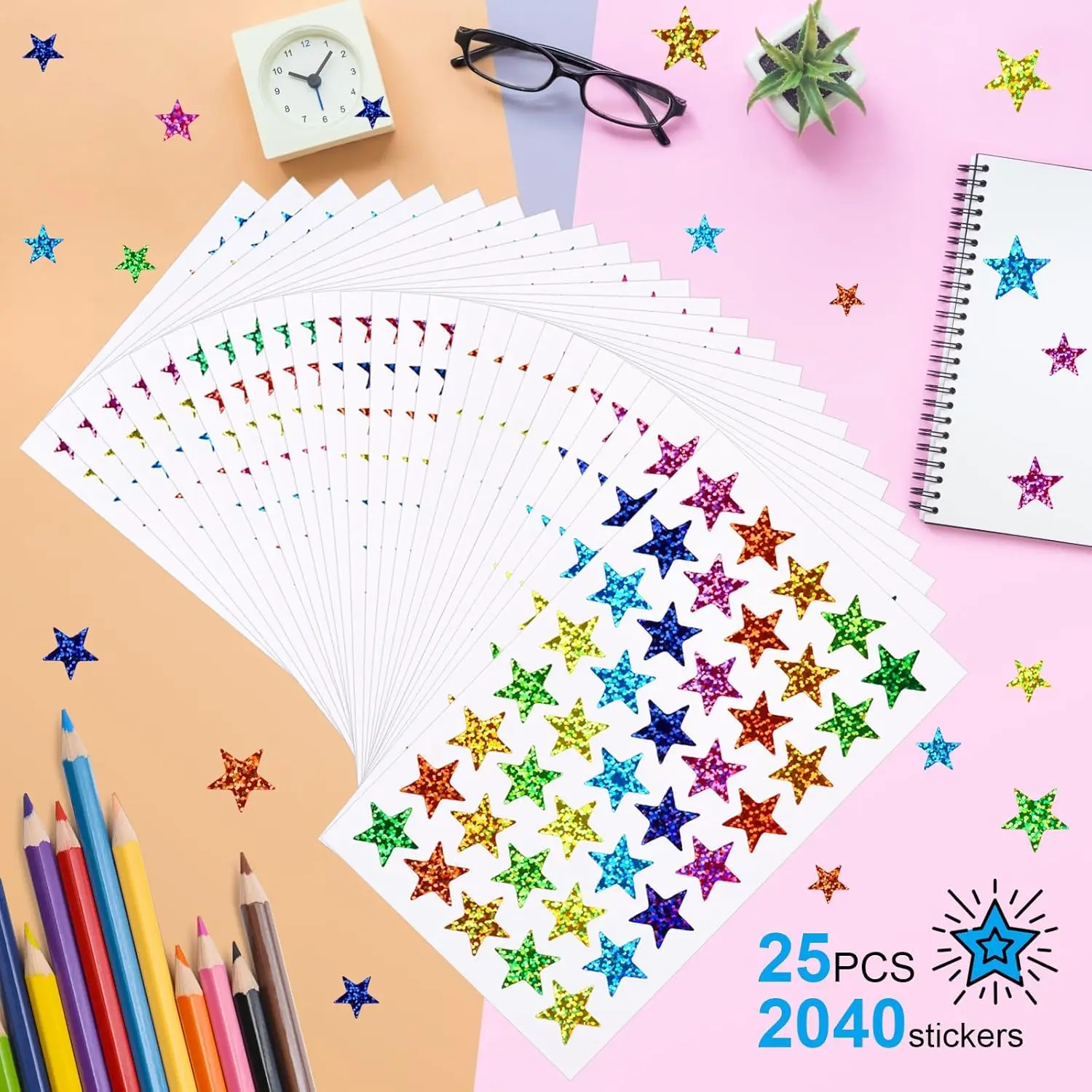 Holographic Glitter Star Stickers - 5 Sizes for Kids' Reward Charts and DIY Décor