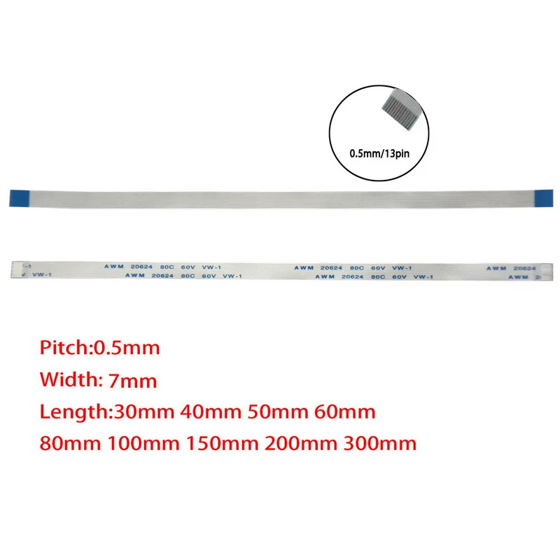 

13Pin 0.5mm Pitch FFC FPC AWM 20624 80C 60V VW-1 A B Type Flat Flexible Cable 60/100/150/200/250/300mm