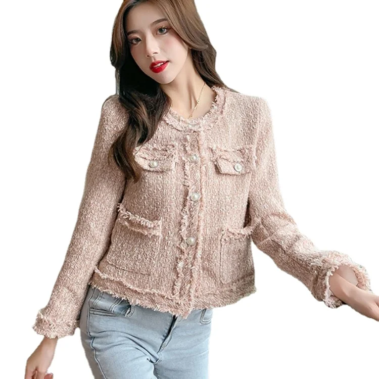 

Tweed Outerwear Fashion Single Breasted Tassel Blends Wool Female Long Sleeve Jacket Autumn Winter Small Fragrance Coat Women