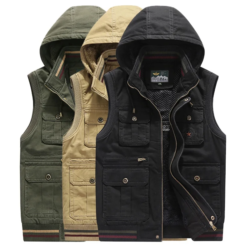 

Brand Vest Men Winter Fleece Thick Warm Waistcoat Hooded Multi Pockets Military Chalecos Para Hombre Colete Masculino M-8XL