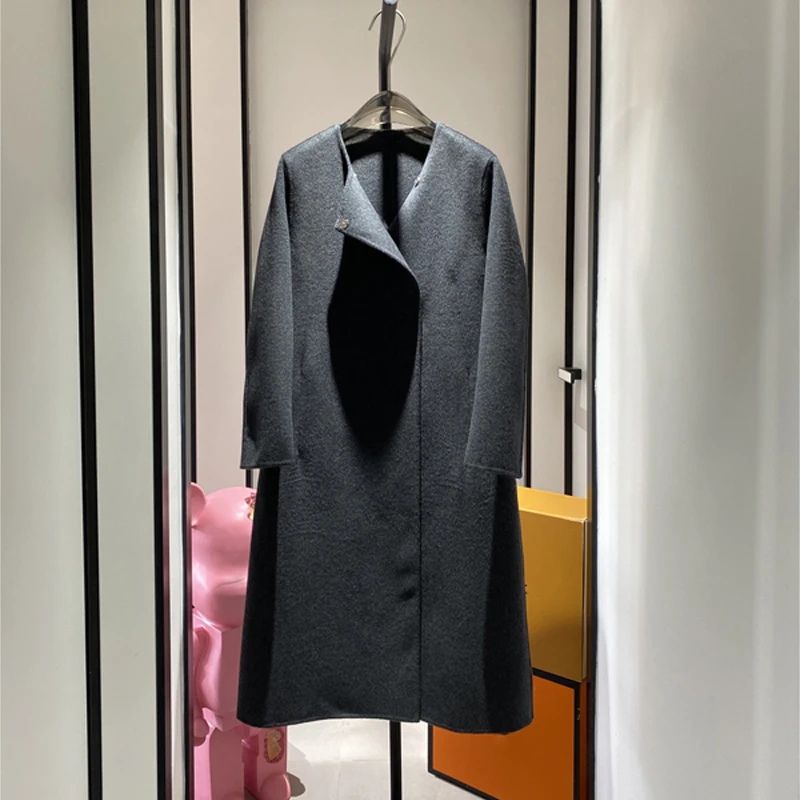 

Double-sided Cashmere Women's Long Coat One Button Round Neck Straight Tube Coat Luxury Brand Commuter Minimalist Loose Overcoat