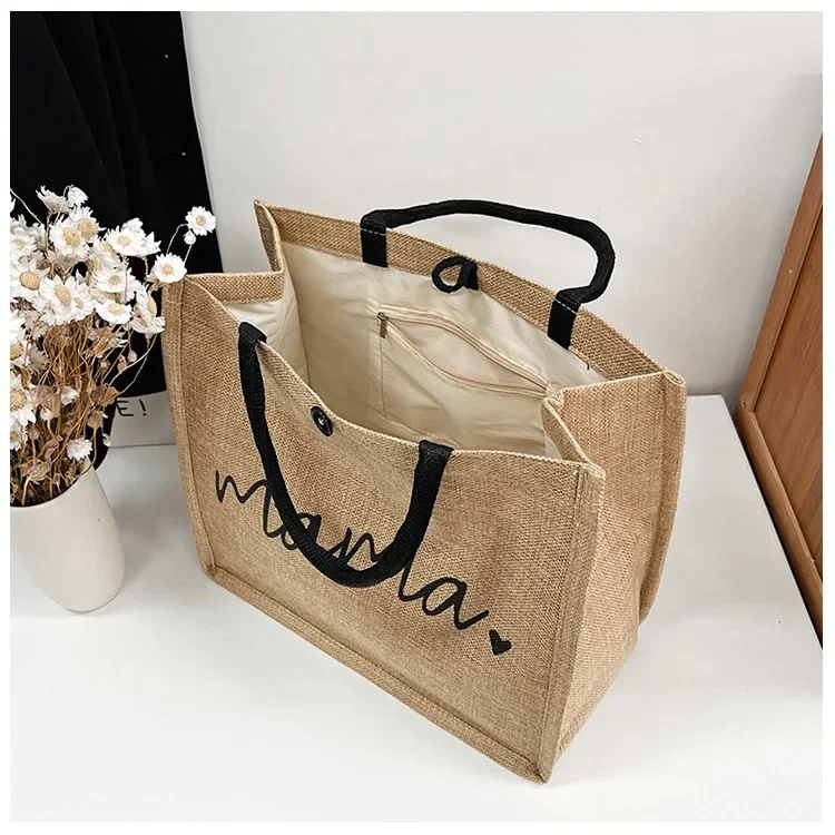 Women Tote Bag Fashion Mama Letter Printing Linen Handbag Large Capacity Baby Diaper Bag Casual Shopping Shoulder Bag Mom Gifts 5