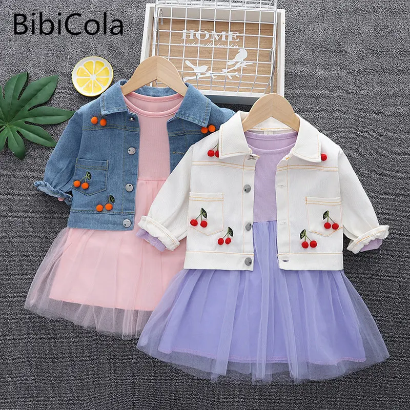 

Fashion 0-4yrs Baby dress for girl denim jacket + gauze dress spring autumn fashionable fluffy princess dress kids girls clothes