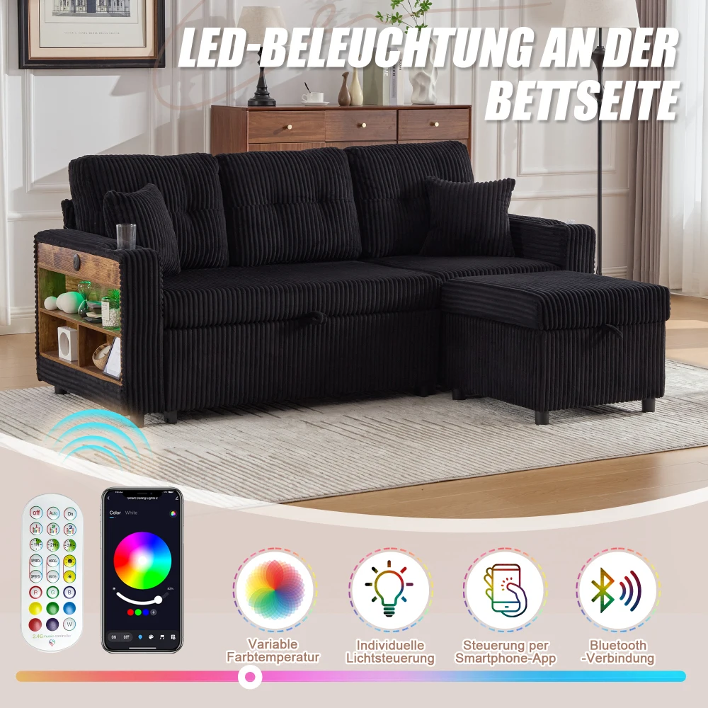 Multifunktionales Kordelsofa mit Stauraum und ausziehbarem Bett. Enthält USB-C, Umgebungsbeleuchtung, Getränkehalter und breite Armlehnen – Detail 11