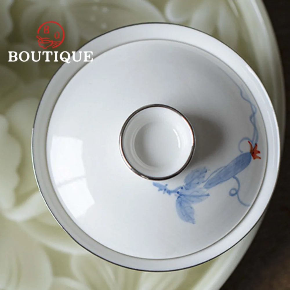 60ml Handpainted Luffa Ceramic Gaiwan Creative Silver Mouth Tea Tureen Thin Body Tea Maker Cover Bowl Cafes Equipment Collection