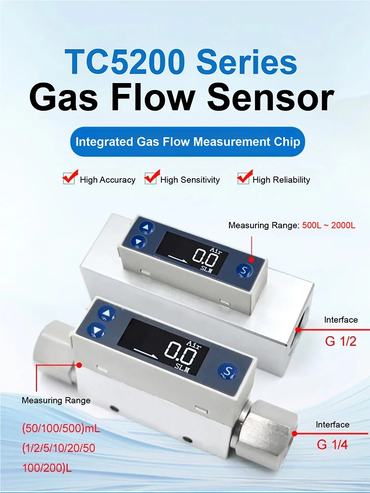 TC5200 Thermal Gas Mass Flow Meter LCD Display MEMS RS485 4 20mA PNP NPN for Pho