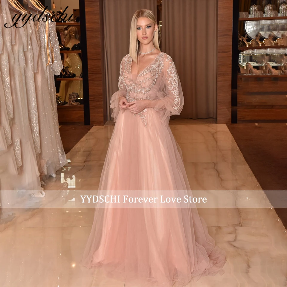 

Elegant Dusty Pink Puffy Long Sleeves A-Line Evening Dress 2023 Lace Appliques V-Neck Beading Floor Length Prom Gowns For Women