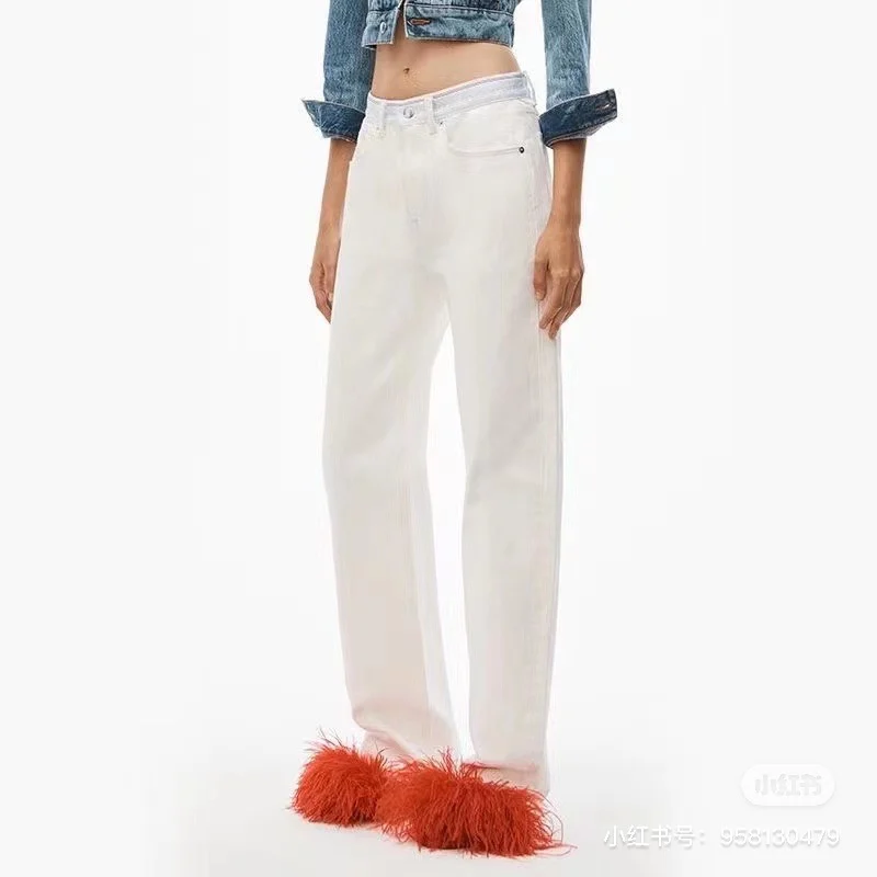 

143005 Fashion Classic Trendy Luxury Designer cloth the latest patchwork waistband mid to high waistband straight leg jeans
