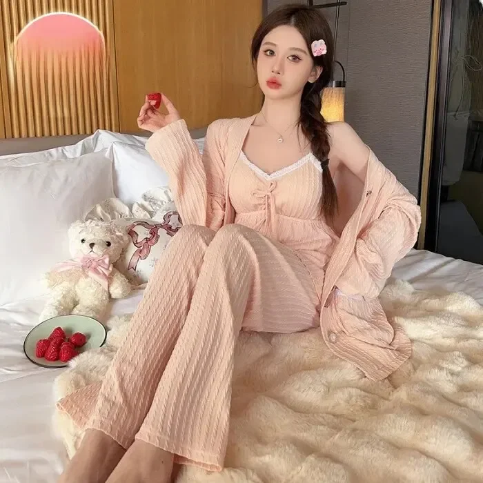 용수철 자카드 코튼 파자마 세트, 긴팔 가디건, 가슴 패드, 루즈핏 홈웨어 3 종 세트