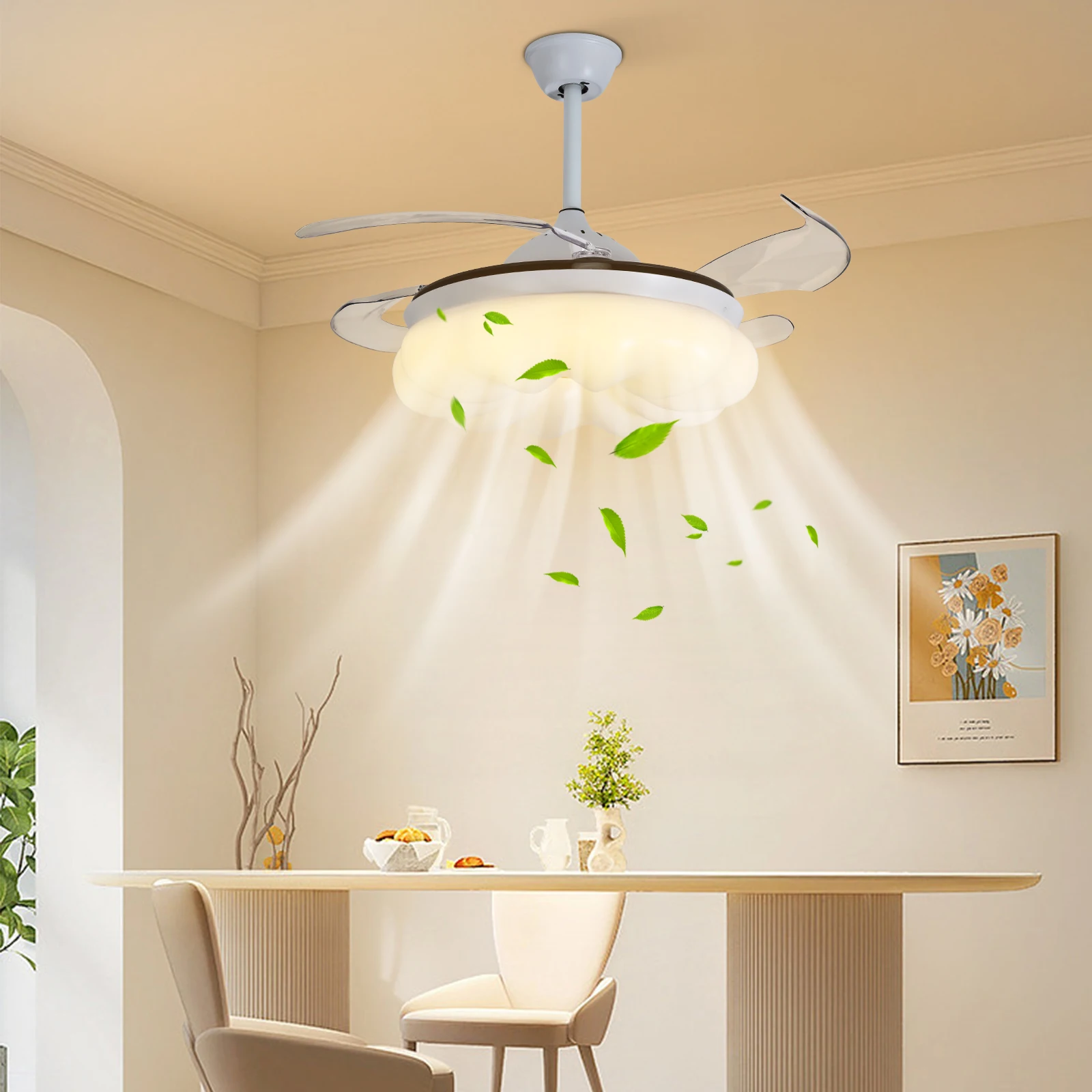 Ceiling Fan with Lights&Remote Control 42 Inch Modern Fandelier Ceiling Fan Retractable with Light