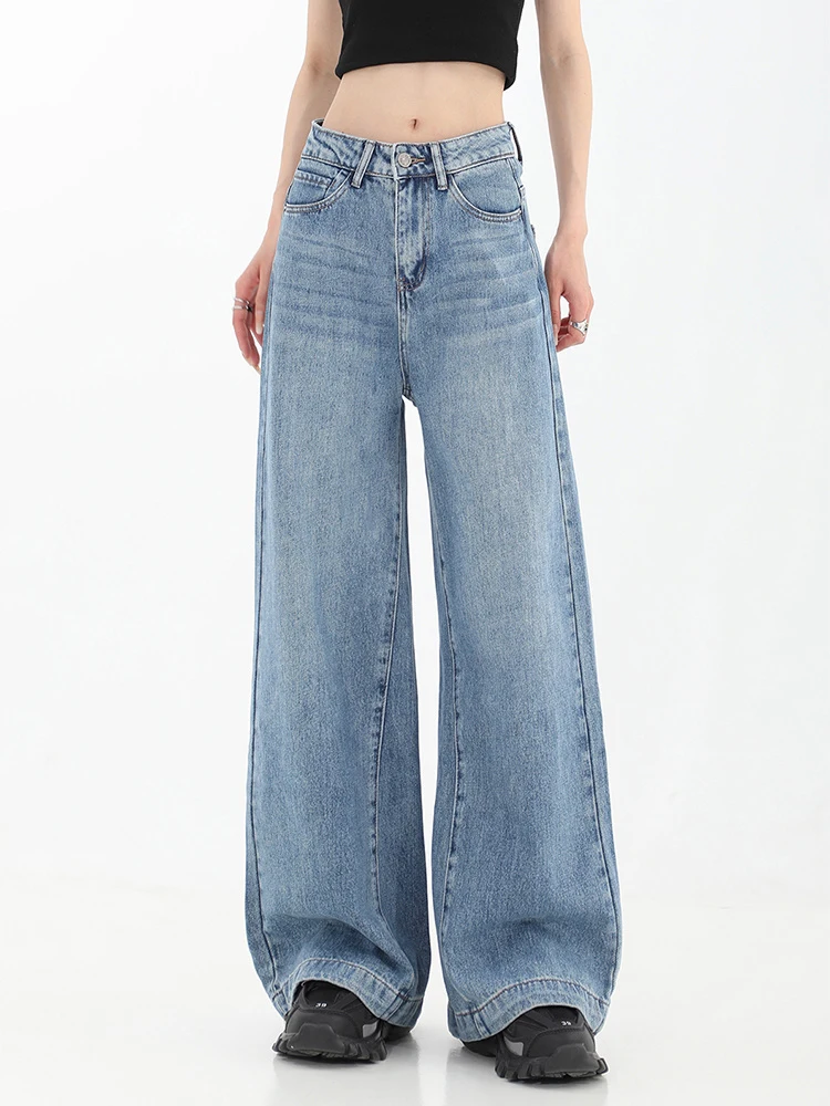 

Retro Wash Blue Color High Waist Women Jean Trousers 2023 Spring New Female Loose Wide Leg Denim Pants Straight Streetwear Chic